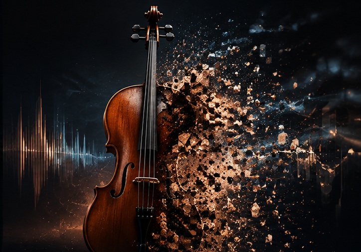 Cello dissolving into particles representing granular synthesis